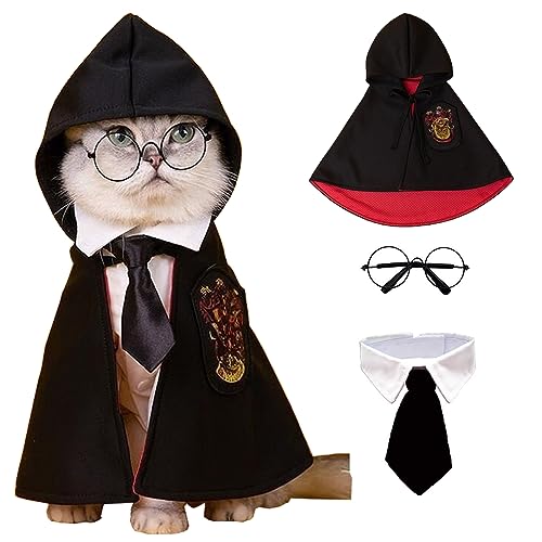 ANIAC 3-teiliges Halloween-Hundekostüm, Katzen-Zauberer-Umhang, Brille und Krawatte, Set für Welpen, Welpen, Zauberer, Cosplay, Bekleidung für Kätzchen, Katzen, kleine Hunde (klein, schwarz) von ANIAC