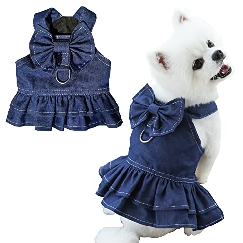 ANIAC Denim-Hundekleid für kleine Hunde, Welpen, Mädchen, Kleidung mit Leinen-Ring und niedlicher Schleife, Sommerkatzenbekleidung mit D-Ring, Blau, Dunkelblau, Größe XL von ANIAC