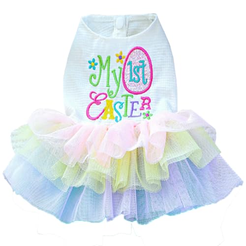 ANIAC Happy 1st Easter Hundekleid für kleine Hunde, Oster-Katzen-Outfit, Eierdruck, Regenbogen, Hund, Prinzessin, Tutu, Haustierkleidung, Größe L von ANIAC