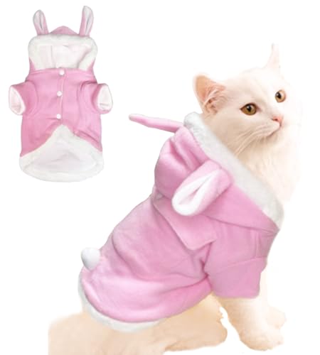 ANIAC Hasenohren-Katzenkostüm, Plüsch-Hunde-Kapuzenpullover mit Tasche, niedliches Kätzchen, Katzenkleidung, warmes Kaninchenohren-Outfit mit Kapuze für kleine Hunde, Katzen und Welpen (Rosa-2, klein) von ANIAC