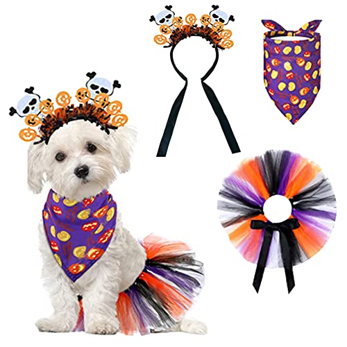 ANIAC Haustier Halloween Kostüm Set Katze Halloween Geist Stirnband und Rock Hund Halloween Bandanas und Hut Welpen Halloween Dreieck Schal Tutu Rock für kleine, mittelgroße und große Hunde (BP) von ANIAC