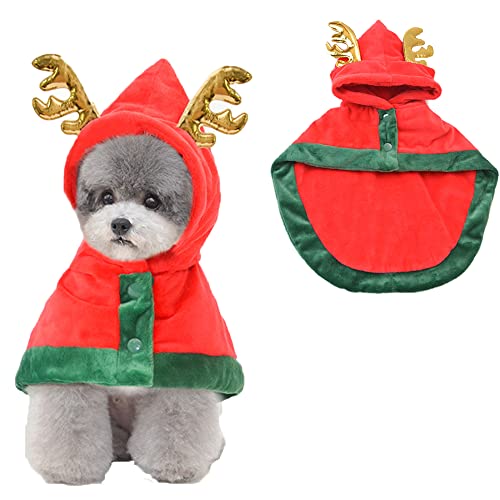 ANIAC Haustier Weihnachten Kostüm Welpe Xmas Umhang mit Geweih Katze Santa Umhang mit Xmas Cap Party Cosplay Kleid für Katzen und kleine mittelgroße Hunde (groß, rot) von ANIAC