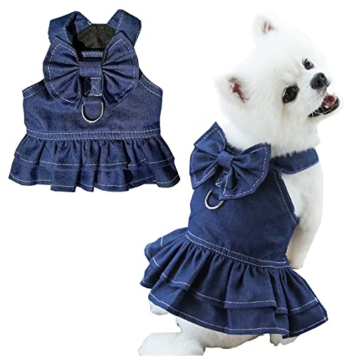 ANIAC Hunde-Denim-Kleid mit niedlicher Schleife, Katzen-Prinzessin, Weste, Rock mit D-Ring, Haustier-Kleidung, für Frühling und Sommer, Welpen, Laufgeschirr (Rock, Größe L) von ANIAC