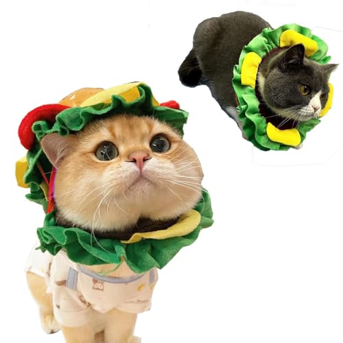 ANIAC Lustiger Hamburgerhut für Katzen und Hunde, Halloween-Kostüm, dekorative Pommes, Haustierkappe, weiches Halsband für Welpen, Größe L von ANIAC