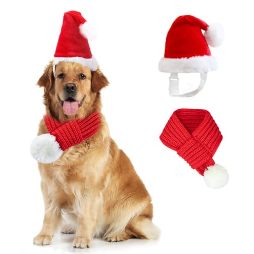 ANIAC Weihnachtsmütze für Hunde mit Schal für Kinder, Weihnachtskappe, Haustier, warme Kopfbedeckung und Halszubehör für mittelgroße und große Hunde (groß) von ANIAC