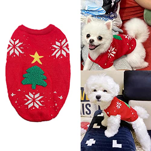 ANIAC Weihnachtspullover für kleine Hunde, Katzen, Rollkragen, Strickwaren mit Weihnachtsbaum, Schneeflocken-Muster, Welpen, Weihnachtsoutfit, Haustierwärmer, Tücher (klein, rot) von ANIAC