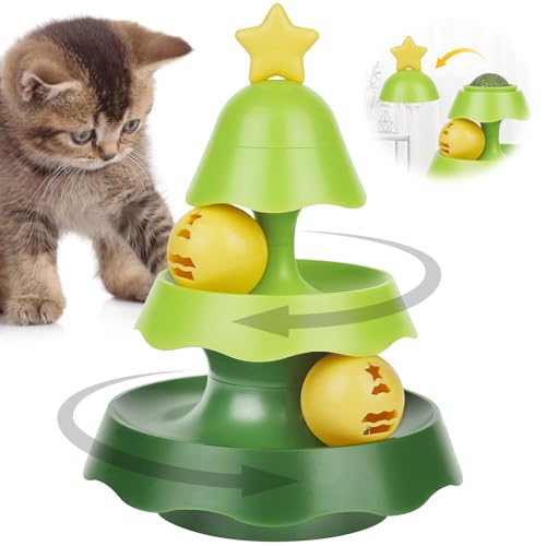 ANOMM Tower of Tracks Interaktives Katzenspielzeug, 3 Ebenen Ball Turntable Spielturm mit LED-Ball, Weihnachtsbaum-Katzen-Drehtellerspielzeug mit Katzenminzenball Obenauf, Grün von ANOMM