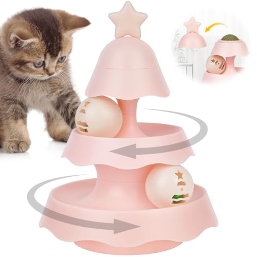 ANOMM Tower of Tracks Interaktives Katzenspielzeug, 3-Stöckiges Turm-Katzenball-Bahnspielzeug mit LED-Ball, 3-Lagiger Weihnachtsbaum Katzenspielzeug mit Katzenminze, Rosa von ANOMM