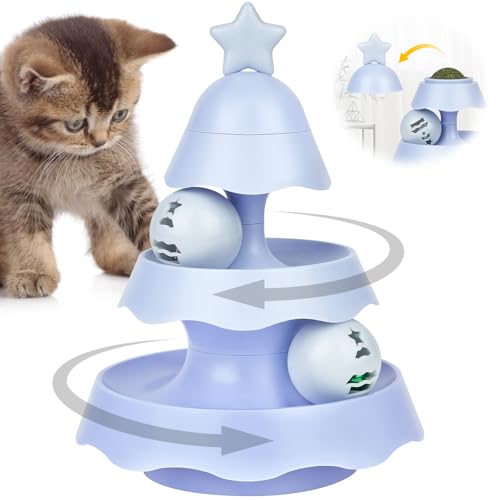 ANOMM Tower of Tracks Interaktives Katzenspielzeug, 3-Stufiger Turm mit Katzenminzenball Obenauf, Kreisbahn mit LED-Ball Befriedigt Kittys Spielen Training Bedürfnisse, Blau von ANOMM