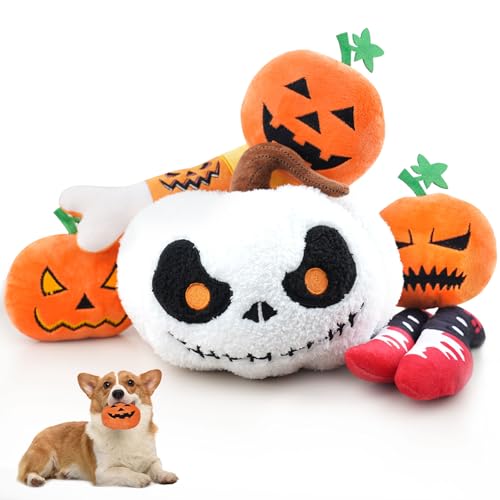 ANOTION Halloween Hundespielzeug - Set mit 7 Plüsch-Kürbis- und Geisterdesigns, lustiges und niedliches Hundespielzeug für kleine bis mittelgroße Haustiere, perfekte Halloween-Hundegeschenke von ANOTION