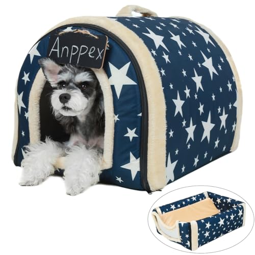 ANPPEX Hundehaus für drinnen,Hundehöhle kleine Hunde,2-in-1 waschbares Hundebett mit Überzug,Größe L für kleine Hunde,Blau von ANPPEX