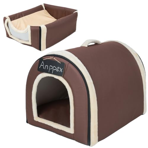 ANPPEX Kleine Hundehütte für den Innenbereich, 2-in-1, waschbar, mit Bezug, isoliert, gemütlich, Igluhöhle, Größe M, für Katzen und Welpen, Braun von ANPPEX