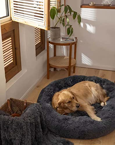 ANQI Plüsch HundeBett flauschig große Hunde waschbar Hundesofa Flauschig Hundekissen orthopädisches Hundekorb Calming Hundebett Donut Rundes Kissen Warme Flauschig Weich Anti Stress,Dunkelgrau,120cm von ANQI