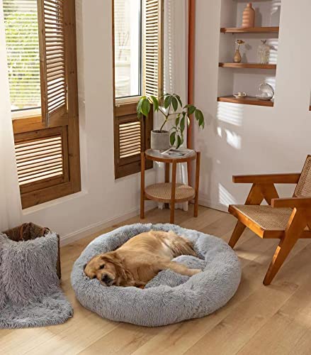 ANQI Plüsch HundeBett flauschig große Hunde waschbar Hundesofa Flauschig Hundekissen orthopädisches Hundekorb Calming Hundebett Donut Rundes Kissen Warme Flauschig Weich Anti Stress, Hellgrau, 100cm von ANQI