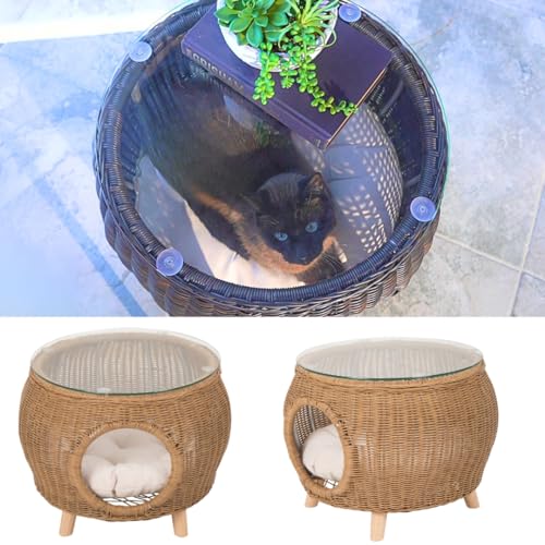 ANSCHAUN Cat Condo Beistelltisch, 2-in-1 Beistelltisch & Katzenbett, Kätzchen-Versteck Höhle Haus, waschbares Kissen, dekorative Haustiermöbel, Iglu-Kitty-Versteck Hütte (Natur Rattan Iglu Glasplatte) von ANSCHAUN