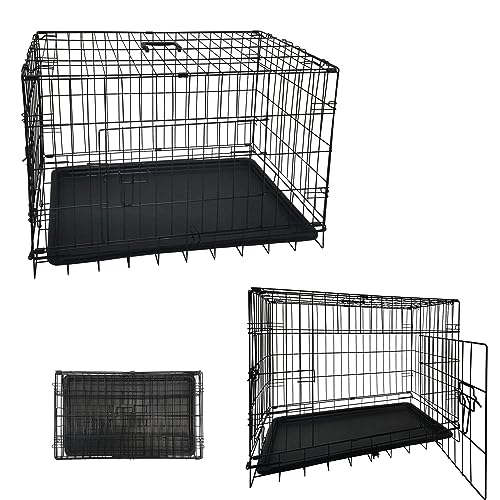 Hundekäfig Klappbar mit Abdeckung, Hundebox Auto Hundetransportkäfig mit Doppeltüren, 2 Schlössern & Bodenschale, 76X46X52cm, Schwarz von ANSIMIDA