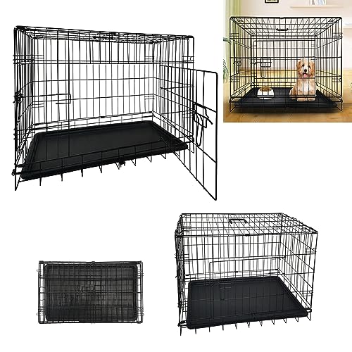 Hundetransportbox Klappbar Metall Hundebox Kofferraum robust verschließbar trapezförmig 91X57X64cm, Reisebox Autobox Tiertransportbox, Schwarz von ANSIMIDA