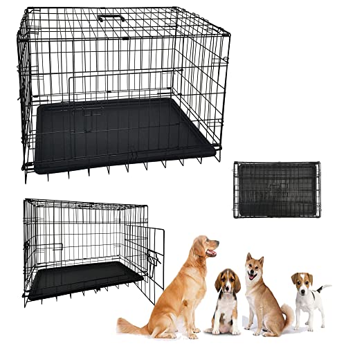 Metall-Hundekiste/Käfig - Haustier Schwarzer Metall-Klappkäfig mit 2 Türen Abnehmbarem Kau-Resistentem Kunststoff-Boden-Tablett mit Bett Heavy Duty Welpe, 76X46X52cm von ANSIMIDA