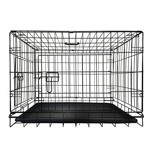 Metall-Hundekiste/Käfig - Haustier Schwarzer Metall-Klappkäfig mit 2 Türen Abnehmbarem Kau-Resistentem Kunststoff-Boden-Tablett mit Bett Heavy Duty Welpe, 91X57X64cm von ANSIMIDA