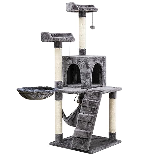 135 cm hoher großer Katzenbaum, Kitty Tower, Eigentumswohnung, Katzenhaus für große Katzen im Innenbereich, zum Spielen, Kratzen, Verstecken, Klettern, Aktivitätsmöbel mit Spielzeug, Leiter und Häng von ANram