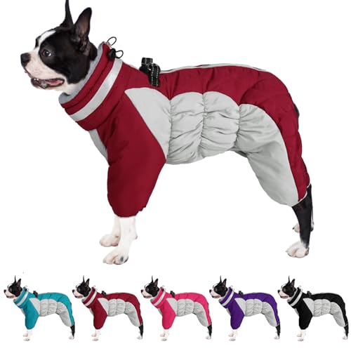 AOFITEE Ganzkörper Hundemantel, Warme Fleece Hundejacke, Winddichter Hunde Wintermantel mit Geschirr, Reflektierend Hunde Schneeanzug, Vier-Bein Winter Puffer Mantel für Kleine Mittlere Große Hunde von AOFITEE