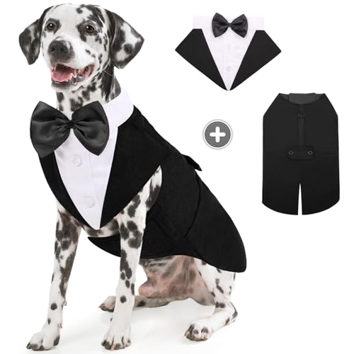 AOFITEE Hund Smoking Hund Anzug & Bandana Set, Hund Hochzeit Party Suit Hundefliege Shirt Vest, Haustier Anzug Kostüm Hund Kleidung mit Abnehmbarer Fliege für Halloween, Christmas,L von AOFITEE