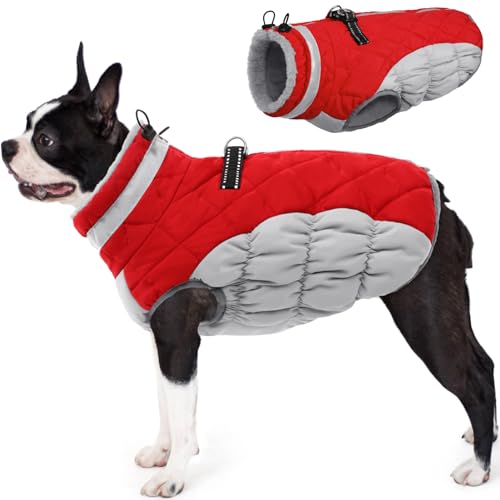 AOFITEE Hundemantel, Winter Warme Hundejacke, Reflektierend Fleece Wintermantel Hund mit Geschirr und Reißverschluss, Wasserdicht Hunde Schneeanzug für Kleine Mittlere Große Hunde, Christmas Rot M von AOFITEE