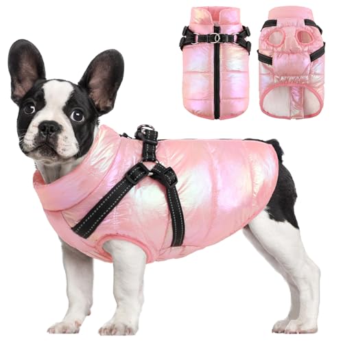 AOFITEE Kleine Hundemantel mit Geschirr Eingebaut, wasserdichte Hundejacke Winter Schneeanzug, winddichte 2-in-1-Hundepufferweste für kleine mittelgroße Hunde, gemütliche Fleece-Hundejacke mit von AOFITEE