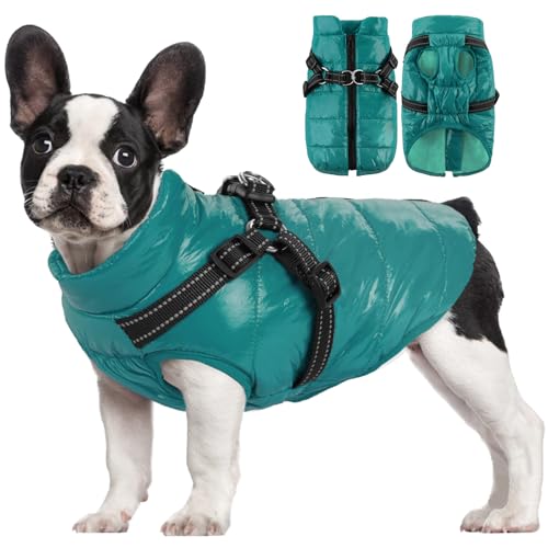 AOFITEE Kleiner Hundemantel mit integriertem Geschirr, wasserdichte Hundejacke, Winter-Schneeanzug, winddicht, 2-in-1-Hundepufferweste für kleine und mittelgroße Hunde, gemütliche Fleece-Hundejacke von AOFITEE