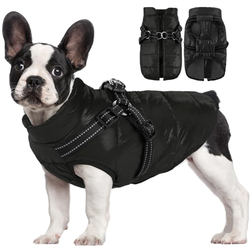 AOFITEE Kleiner Hundemantel mit integriertem Geschirr, wasserdichte Hundejacke, Winter-Schneeanzug, winddicht, 2-in-1-Hundepufferweste für kleine und mittelgroße Hunde, gemütliche Fleece-Hundejacke von AOFITEE