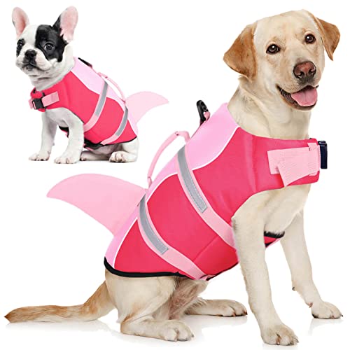 AOFITEE Schwimmweste Hund Große, Hundeschwimmweste Hai für Schwimmen, Hohe Flotation Rettungsweste mit Rettungsgriff und Reflektorstreifen für Kleine, Mittlere, Große Hunde, Rosa XL von AOFITEE