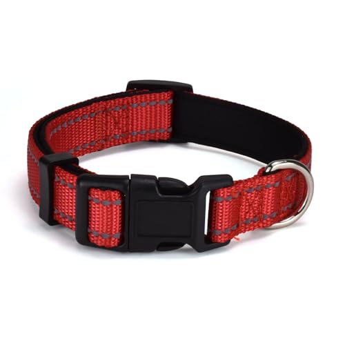 AOKLANT reflektierendes Nylon-Hundehalsband, Komfortabel gefüttert mit Nylon-Halsband, Einstellbare Größen & Farben, Ideal für Se, mittlere & Le Hunde, Rot, M von AOKLANT