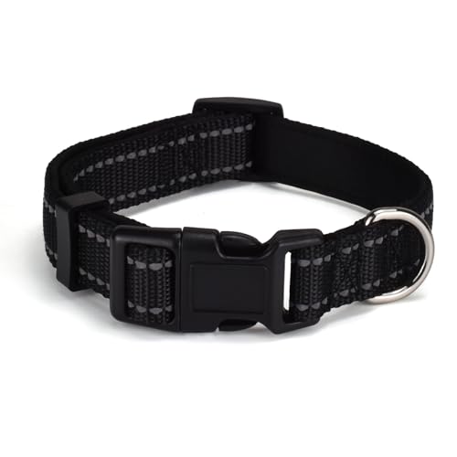 AOKLANT reflektierendes Nylon-Hundehalsband, Komfortabel gefüttert mit Nylon-Halsband, Einstellbare Größen & Farben, Ideal für Se, mittlere & Le Hunde, Schwarz, L von AOKLANT