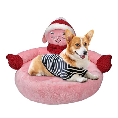 Weihnachtskatzenbett | Niedliches 3D-Rosa-Kaninchen-Katzennest mit Weihnachtsmütze und Schal | Weiches und gemütliches Kätzchenbett, waschbares Hunde- und Katzenhaus mit rutschfester Unterseite Aokley von AOKLEY