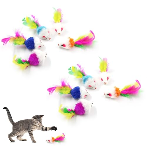 AOMiGT Katzenspielzeug, pelzige Kätzchen Mäuse Katze Spielzeug, 10 PCS Haustier Spielzeug Mäuse Katze Spielzeug, Katze Fänger Spielzeug mit Feder Schwänze, bunt kleine Maus (zufällige Farbe) von AOMiGT