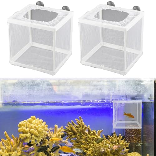 2 Stück Ablaichkasten Aquarium, Aquarium Fische Brutkasten, Ultrafeines Aufzuchtbecken, Fisch Isolation Zuchttank Mit Saugnapf, Aquarium Netz Breeding Box, für Schlüpfen und Züchten, 14x15x16 cm von AOMiGT