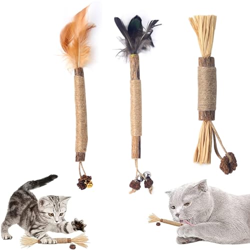 Katzensticks, Katzensticks Zur Zahnreinigung, Kausticks Set, Katzenminze Spielzeug, 3 Stück Katzenminze Sticks Für Katzen Zahnpflege und Gegen Mundgeruch, Ruhige Katzen Angst und Appetiterhöhung von AOMiGT