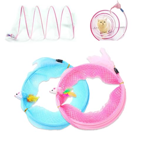 AONYAYBM 2 Stück Katzentunnel für Den Innenbereich, Katzen-Spiraltunnelspielzeug, Zusammenklappbarer Katzenspieltunnel mit Quasten, Bällen und Glöckchen, S-förmige(2pcs-rosa+arktisches Blau) von AONYAYBM