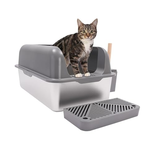 AOOUNGM Katzenklo Edelstahl geruchsfrei, Halbgeschlossen Katzenklo, Hop-in Katzen Klo ohne Deckel, 20 Katzenklo mit Katzenstreu-Schaufel und Matte, Katzen WC Edelstahl Wanne, Katzentoilette Edelstahl von AOOUNGM