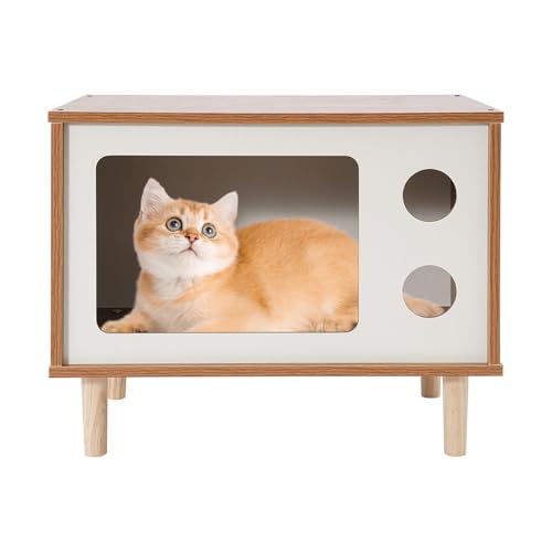 AOOUNGM Katzenschrank Katzenhaus Katzenhütte Kratzmatten für Katzen Beistelltisch Katzenhaus Kratzmöbel Katze 50x29x40cm TV-förmiger Katzenschrank (Walnuss, Weiß, 50x40x29cm) von AOOUNGM