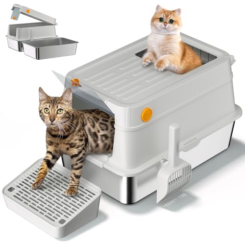 AOTRUTII XL Katzentoilette aus Edelstahl mit Deckel, extra große Metall-Katzentoilette für große Katzen, hochseitiges Gehäuse, auslaufsicher, antihaftbeschichtet, leicht zu reinigen mit von AOTRUTII