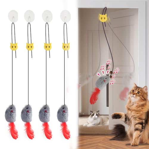 4Pcs Katzenspielzeug Selbstbeschäftigung Katzenspielzeug Maus Interaktives Katzenspielzeug Hängende Türrahmen mit Quietschgeräusch Realistisches Mausdesign Federschwanz für Katzenauslauf（Grau） von AOUZOVLI