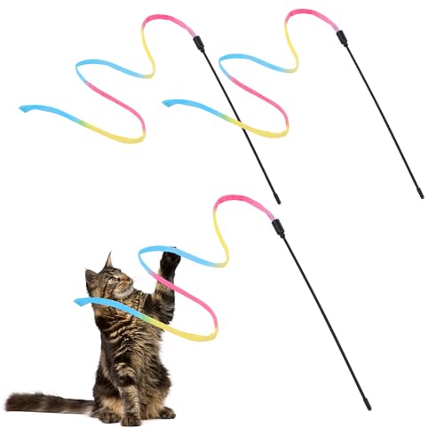 AOZUO 3 Stück Cat Zauberstab Regenbogenspielzeug, 60cm Rainbow Ribbon Zauberstab Katzenspielzeug Spielzeug Katze Cat Toys Katze Interaktiver Catcher Teaser Zauberstab Für Kitten Training Cat Exercis von AOZUO