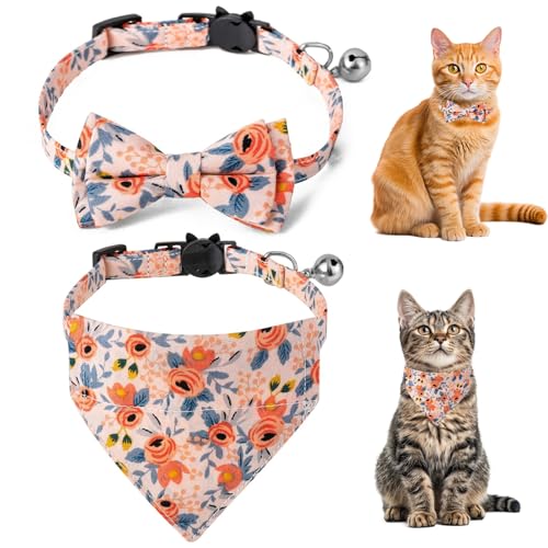 2pcs Katzenkragen mit Fliege und Glocke, verstellbarer Katzenkragen mit Blumenmuster, weiche hautfreundliche Baumwollkatze Kurzdurchmesser für stilvolle Katzen und kleine Hunde Haustier Essentials von AOpghY