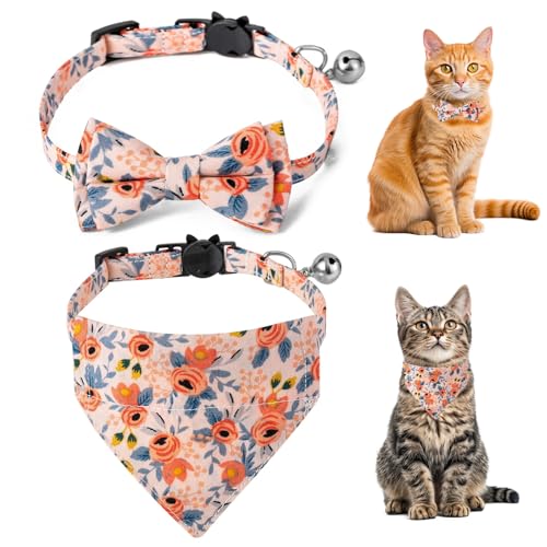 AOpghY 2 PCS -Katzenkragen mit Fliege und Glocke, Einstellbarer Katzenkragen mit Blumenmuster, weiche Baumwollkatze Fliege für stilvolle Katzen und kleine Hunde Haustier tägliche Notwendigkeiten von AOpghY