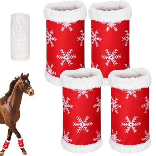 AOpghY 4pcs Pferdebein Wickeln Weihnachtsthemen rotes Design Pferdbein Wickel Weiche Dicke Plüschfutter Stehende Wraps für Pferde mit Schleifen-und-Hook-Klebebandstieren von AOpghY