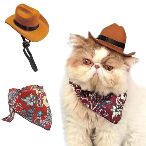 AOpghY Hunde Cowboy Hut ＆ Hund Bandanas Schal Set Hunde Cowboy Kostüm Katze Cowboy Hut mit Bandana Set Holiday Cosplay Party Hundehüte für kleine Hunde Haustiere von AOpghY