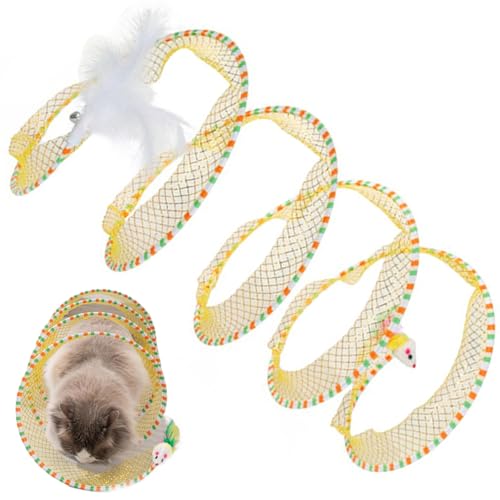 AOpghY Katzen-Tunnel Faltbare Selbsteinstellung Katzenjagd Spiraltunnel Spielzeugkatze Play-Tunnel mit Ringbell ＆ Mausspielzeug 9.8 '' Dia Interactive Cat Toys Gelb Pet Daily Notwendigkeiten von AOpghY