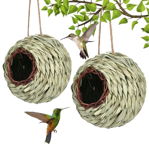 AOpghY Kolibri-Haus, 2 Stück, aus Gras gewebtes Kolibri-Nest mit hängendem Seil, kugelförmiges Vogelhaus für Terrasse, Rasen, Gartendekoration, Kolibri-Geschenke, Gartenbedarf von AOpghY