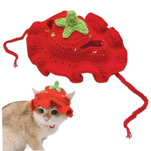 AOpghY Strickte Häkelkatze Hüte mit Krawattenseil, Erdbeer -Katzen -Outfits, niedliche Katzenzubehör für Welpenkatze Kätzchen Kaninchen Haustier Vorräte von AOpghY